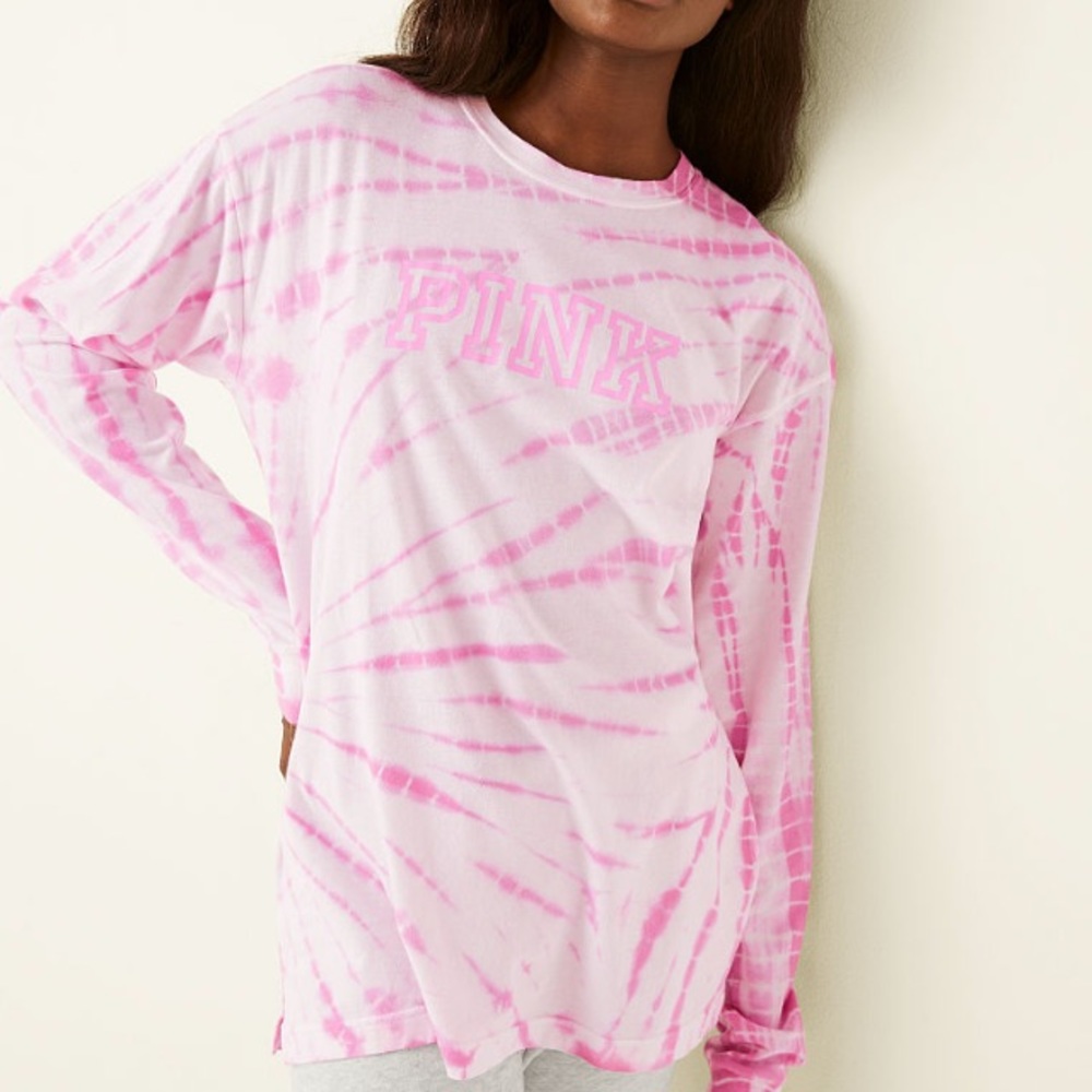 VS VICTORIAS SECRET PINK CAMPUS LONG SLEEVE TEE TOP NEON BUBBLE TIE DYE L - Picture 2 of 7